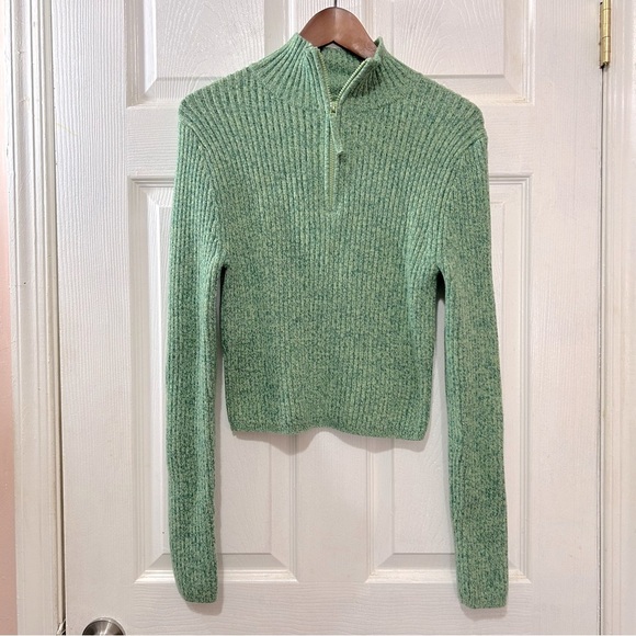 Aerie Sweater Quarter Zip Women's Green Ribbed Very Stretchy Size Large - Picture 1 of 5